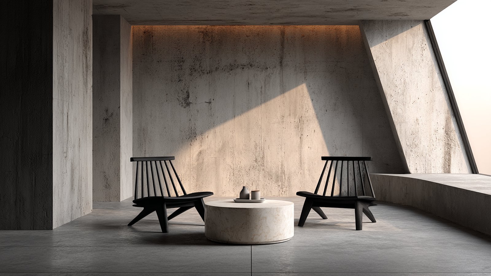 Zwei Stühle, Marmor-Tisch, Beton-Raum