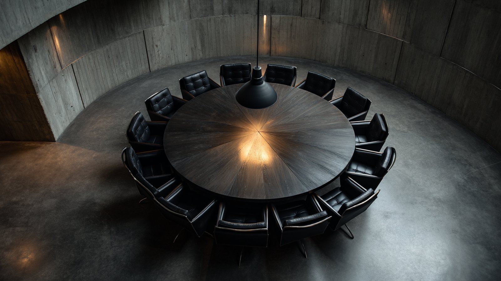 Runder Tisch mit zwölf Stühlen, Pendant-Lampe von oben