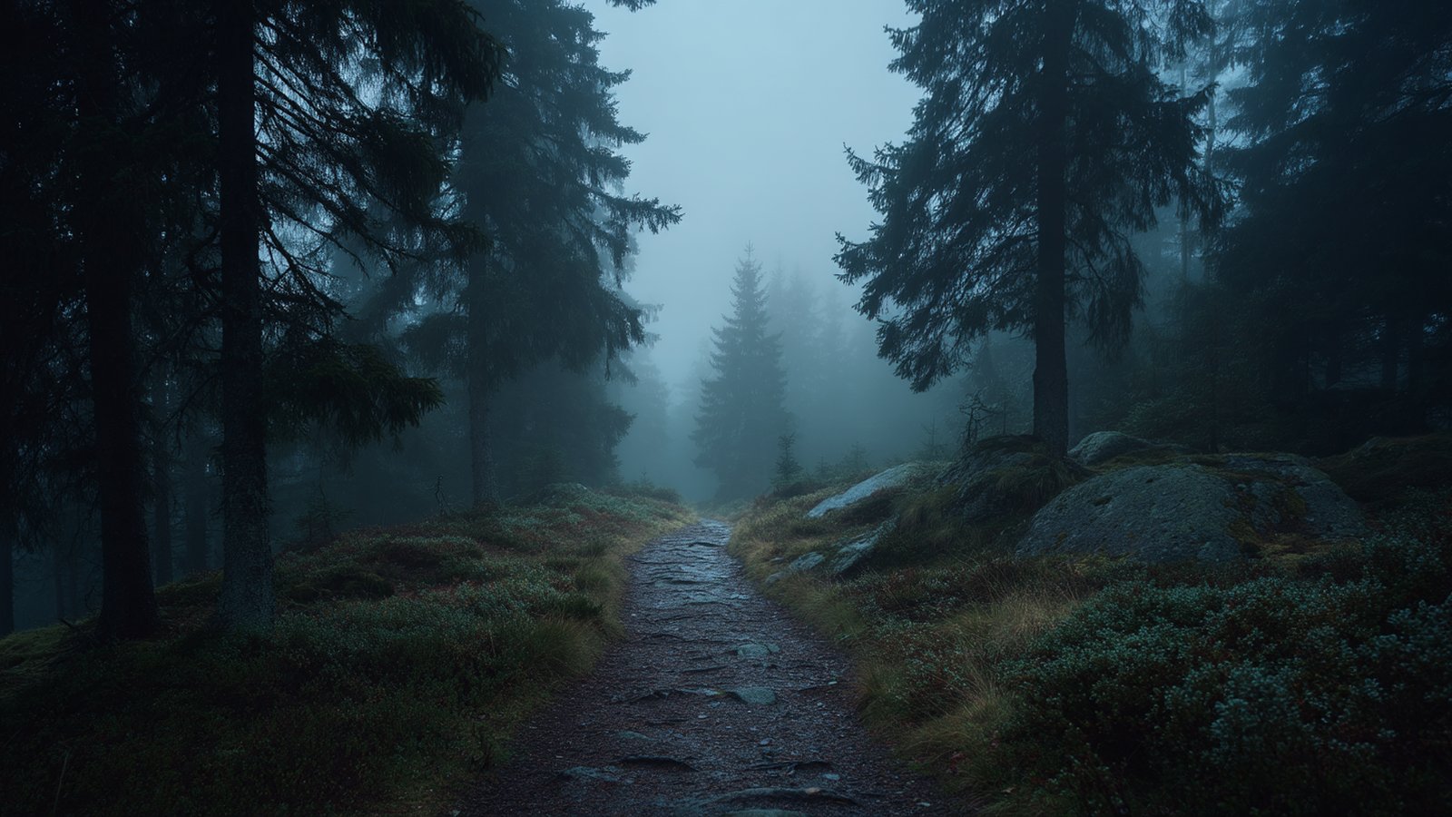 Pfad durch nebligen Nordic-Wald