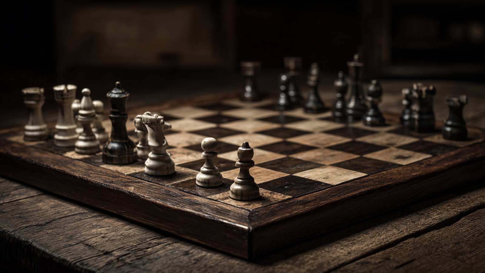 Schachbrett mit Mid-Game, dramatisches Licht